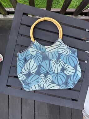 Old Navy Blue Floral Canvas Bamboo Handle Handbag Y2K Boho Tote